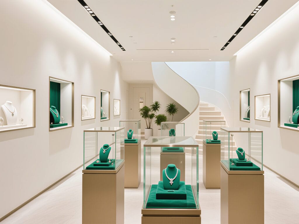 Green neck jewelry display props, green necklace display props, Jewelry display props customer case, Aurora, jewelry store display design, jewelry store decoration, jewelry shop