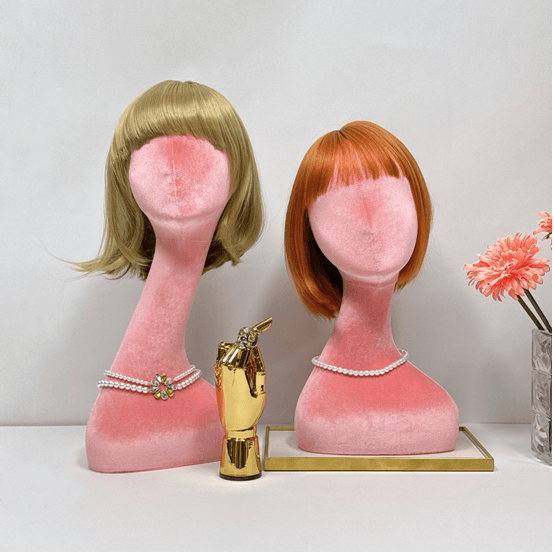 Pink Velvet Long Neck Mannequin Head-Fake development display props, hat display props, scarf display props, glasses display props, necklace display props