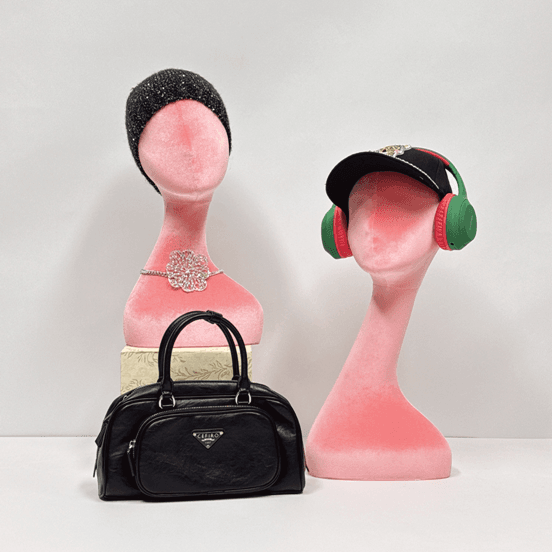 Pink Velvet Long Neck Mannequin Head-Fake development display props, hat display props, scarf display props, glasses display props, necklace display props