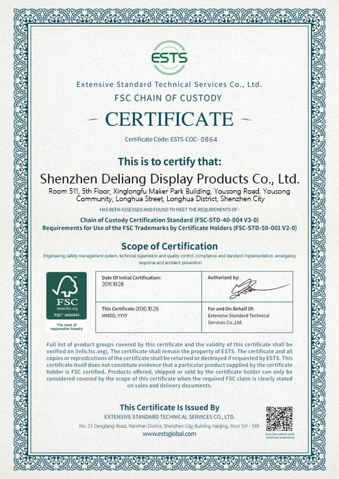 Extensive Standard Technical Services Co., Ltd.が発行した、認証の詳細と範囲を示す深圳Deliang Display Products Co., Ltd.のFSC Chain of Custody証明書