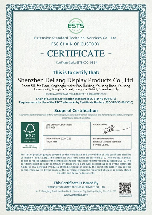 FSC Chain of Custody Certificate for Shenzhen Deliang Display Products Co., Ltd., issued by Extensive Standard Technical Services Co., Ltd., showing certification details and scope