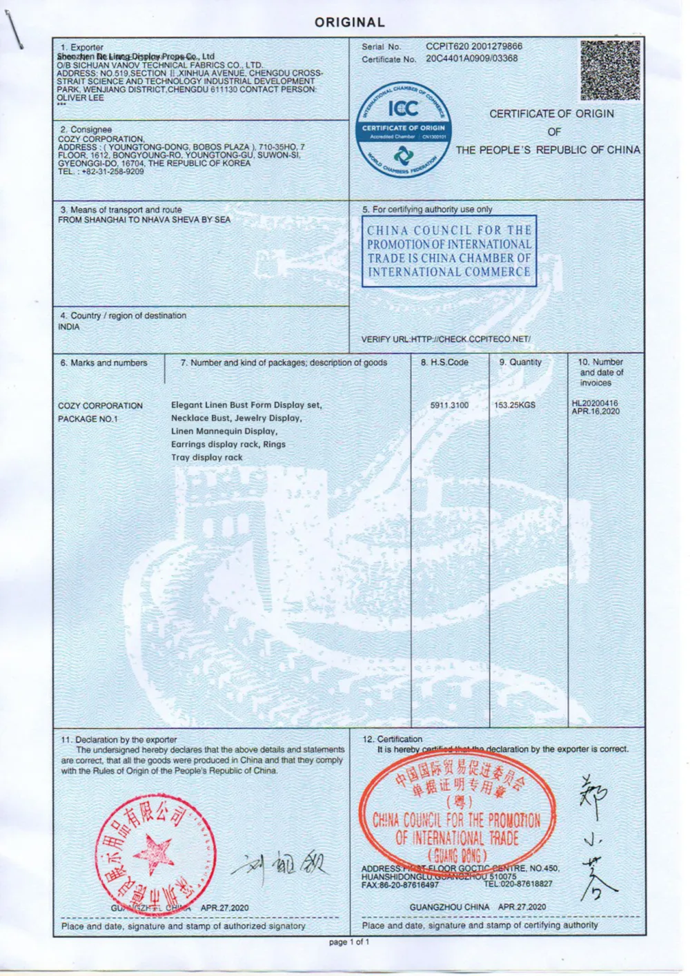 Certificate of Origin document for export trade, showing details like exporter, consignee, transport route, and goods description