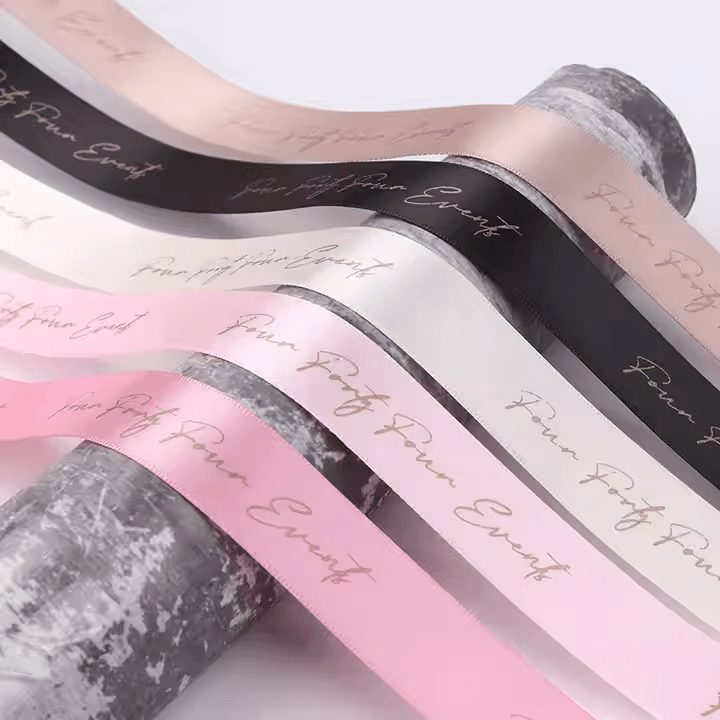 DE-LIANG New Design Custom Logo Decoration Packaging Double Satin Ribbon Gold Printing Flower Gift Ribbon