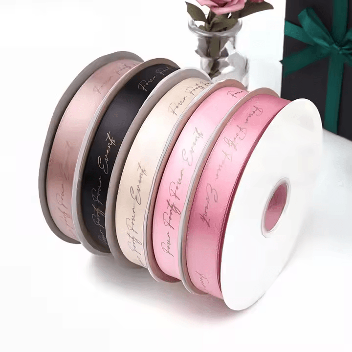 DE-LIANG New Design Custom Logo Decoration Packaging Double Satin Ribbon Gold Printing Flower Gift Ribbon