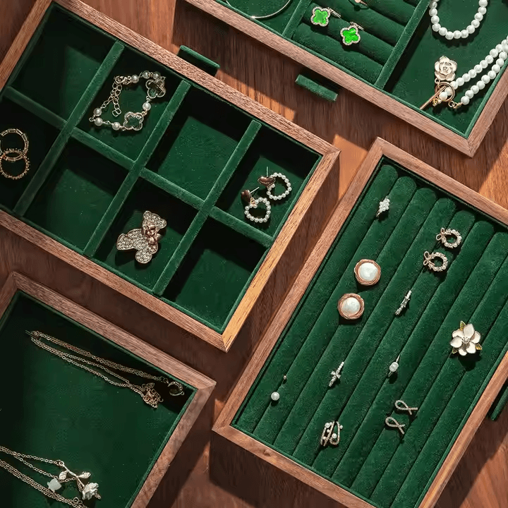 DE-LIANG Stackable Dark Green Velvet Black Walnut Wood Jewelry Ring Tray for Drawer Organizer