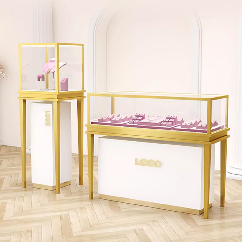DE-LIANG customized gold stainless steel high-end jewelry display cabinets with LED lights