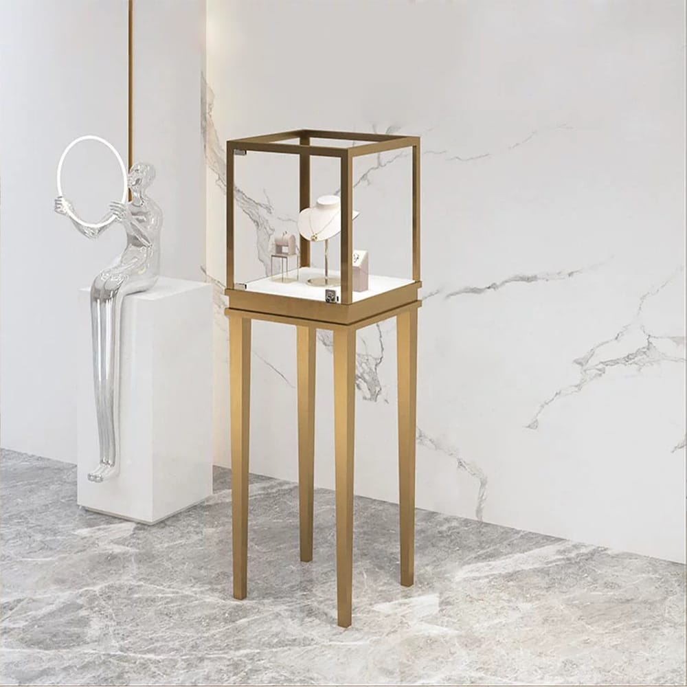 DE-LIANG customized gold stainless steel high-end jewelry display cabinets with LED lights