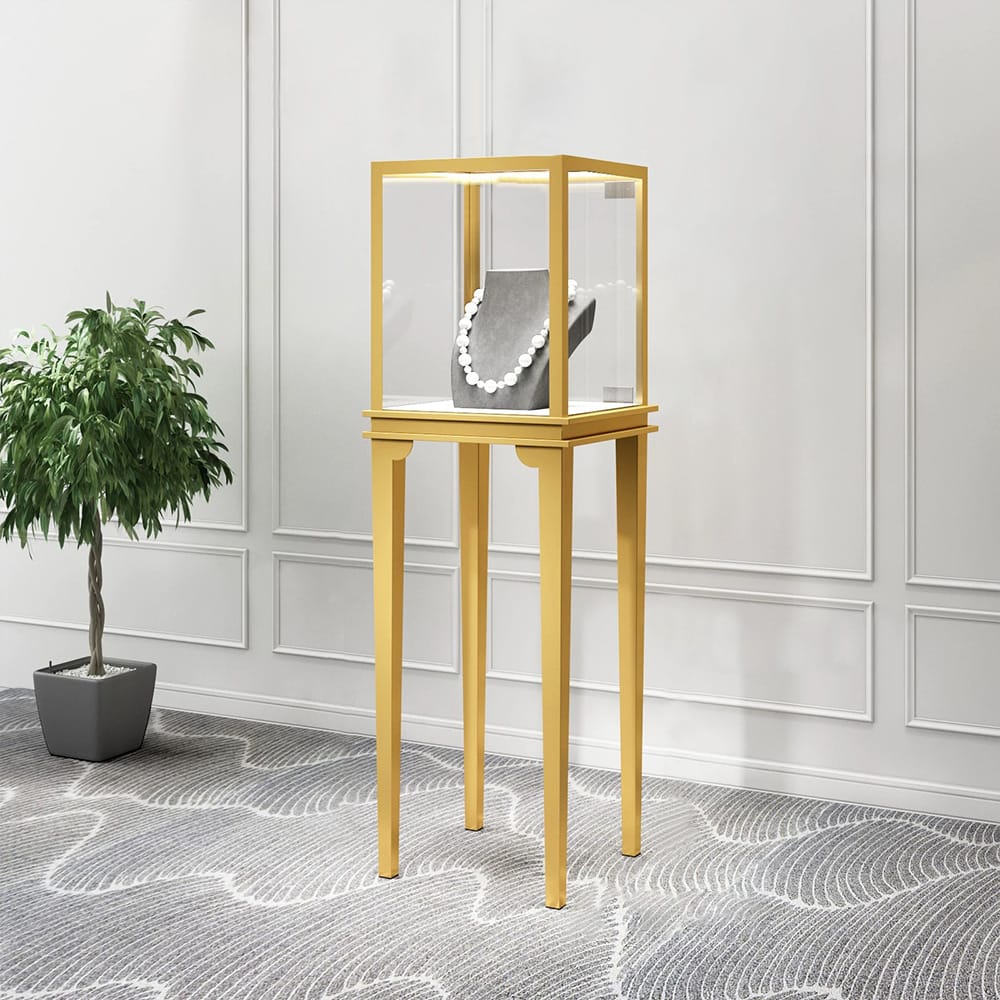 DE-LIANG customized gold stainless steel high-end jewelry display cabinets with LED lights