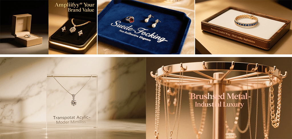 Jewelry display props of different materials：Fiberglass、Velvet / Suede Fabric、MDF Core + PU Leather Wrap、Acrylic / Transparent Resin、Metal