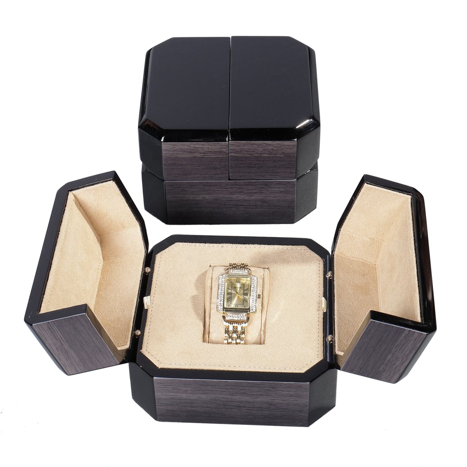 Wholesale Custom Wooden Watch Box - Retro Design with Gold Frame, 130×130×105mm Size