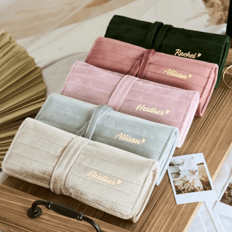 Monogrammed Jewelry Roll With Zipper Gold Button Wedding Gift Mother's Day Gift 10.2x7.9 Inch Multifunction Travel Bags