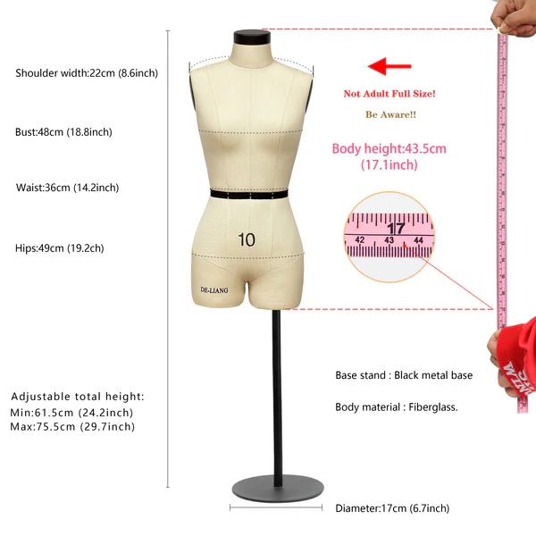 1:2 Half-Scale Dress Form with Soft Arms – Female Mannequin for Sewing & Tailoring
