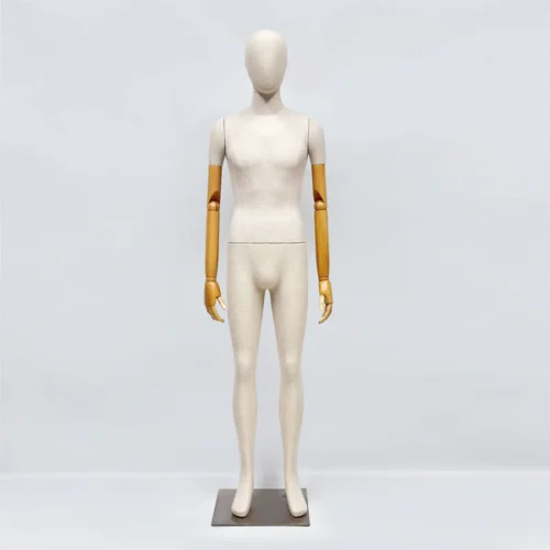 竹リネン全身マネキン - 調整可能な木製アーム＆小売ディスプレイの
