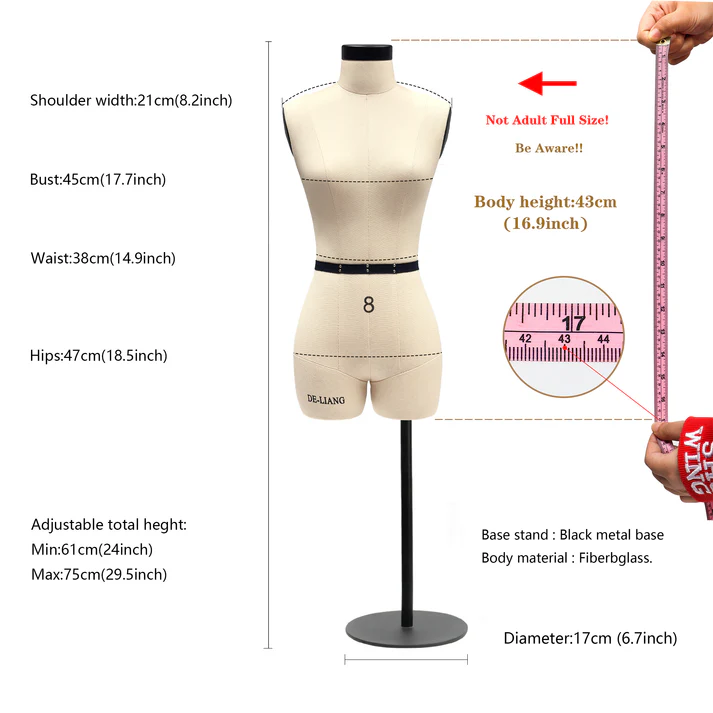 Half-Scale Sewing Dress Form (Size 8) – Mini Female Mannequin with Adjustable Height for Draping