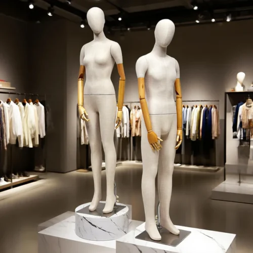 竹リネン全身マネキン - 調整可能な木製アーム＆小売ディスプレイの