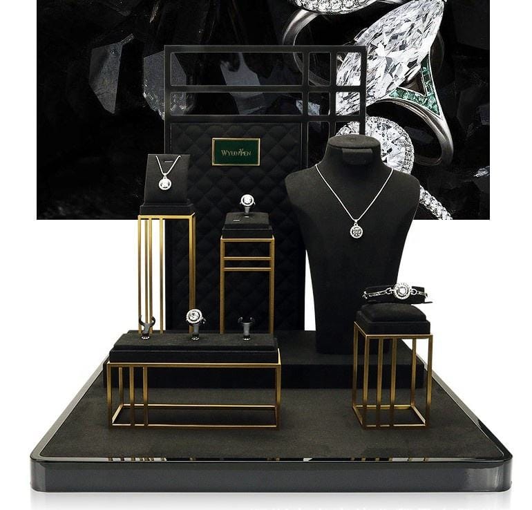 Metal & Superfiber Jewelry Display Set - Black/Luxury Style for High-End Jewelry Shops
