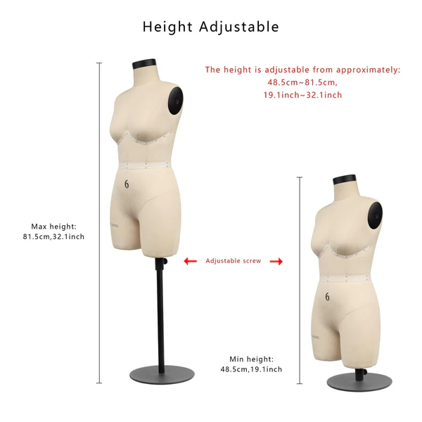Half-Scale US Size 6 Dress Form – Metal Base Mannequin for Trouser & Lingerie Sewing