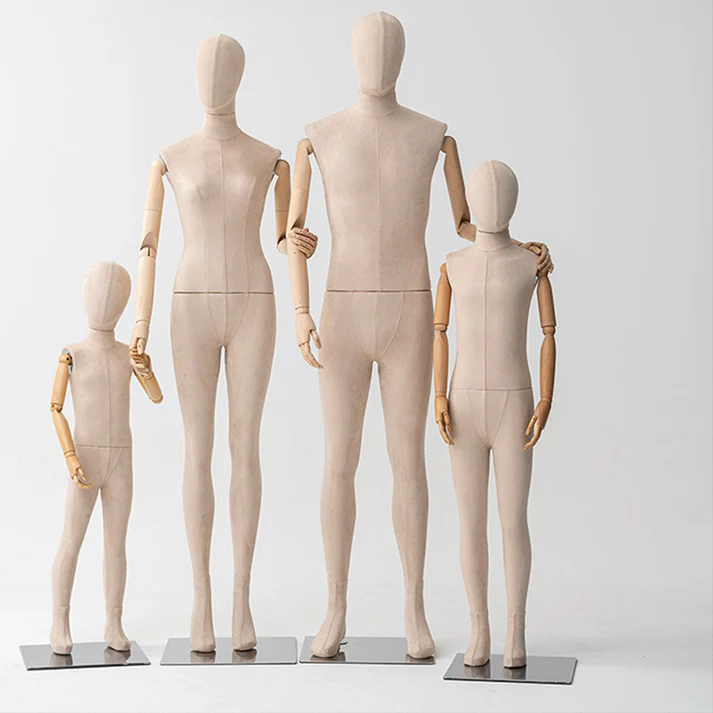 Beige Velvet Full-Body Family Mannequin Set – Adult (Male/Female) & Kid Sizes for Retail Displays