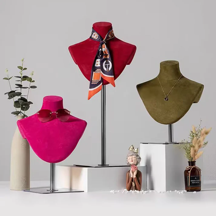 Luxury Velvet-Wrapped Jewelry Display Bust – Adjustable Metal Base for Necklaces & Scarves