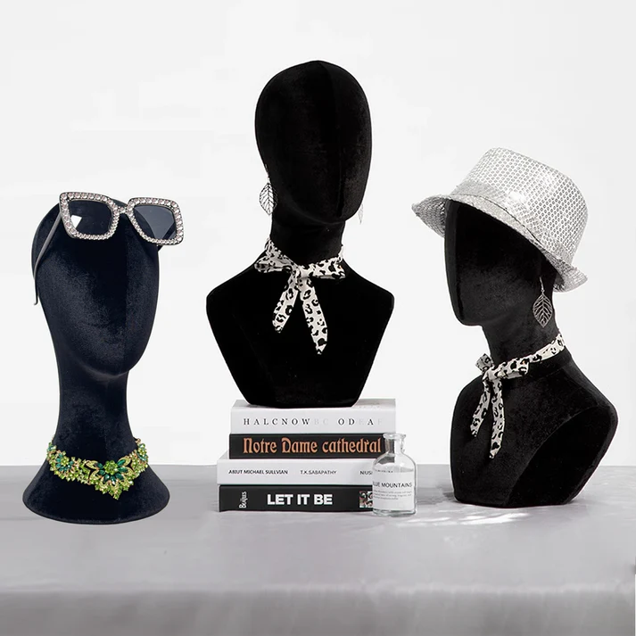 Elegant Long Neck Mannequin Head – Black Velvet Pinnable Model for Boutiques & Photography
